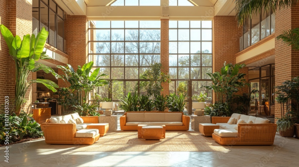 Poster the spacious lounge features comfortable seating and lush greenery, illuminated by natural light str