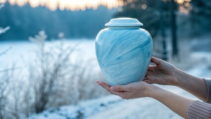 Female hands holding blue funeral urn against winter nature background