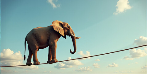 Big heavy elephant balancing on a rope, metaphorical concept about a difficult situation in life, tightrope act