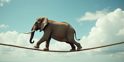 Obraz premium Big heavy elephant balancing on a rope, metaphorical concept about a difficult situation in life, tightrope act
