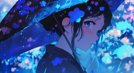 A melancholic anime girl holding an umbrella under a night sky, with blue raindrops falling on her face.