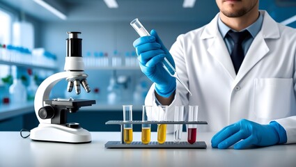 Fototapeta premium A male scientist in white lab coat and blue gloves is using an eyedropper to put liquid into test tubes on the table, close up shot of hands holding pipette