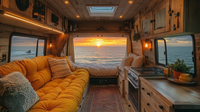The inviting interior of a cozy van offers a stunning sunset view over the ocean, featuring a yellow couch, warm wood accents, and a peaceful ambiance perfect for relaxation.