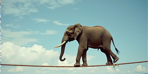Obraz premium Big heavy elephant balancing on a rope, metaphorical concept about a difficult situation in life, tightrope act