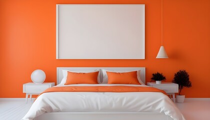 Image depicts a modern bedroom with a vibrant orange color scheme. The room features a neatly made bed with white and orange bedding, including two orange throw pillows.