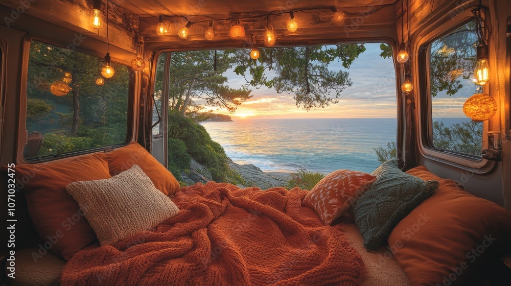 Poster the interior of a cozy van overlooks a stunning ocean view at sunset, with warm blankets and soft li