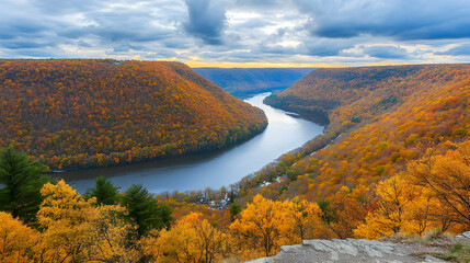 Obraz premium A scenic view of a river winding through a valley, surrounded by colorful autumn foliage and dramatic clouds.
