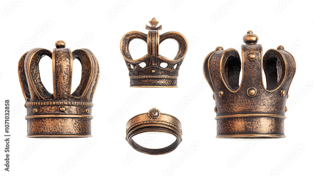 Poster collection of four realistic golden crowns on transparent background generative ai