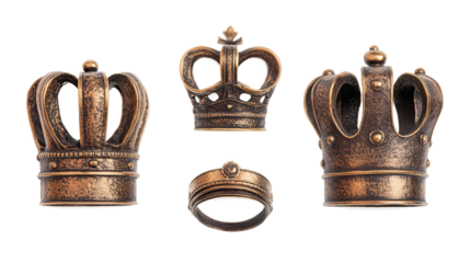 Collection of Four Realistic Golden Crowns on Transparent Background Generative AI