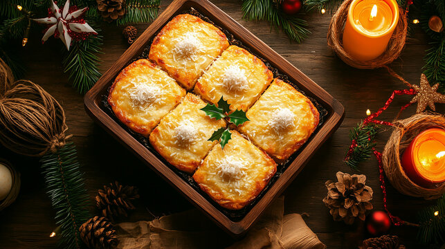Festive bibingka served with holiday decorations and candles