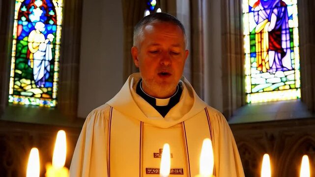 Catholic priest sings sacred music in church.