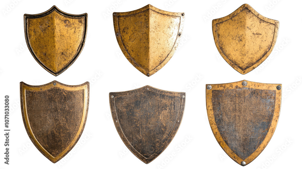 Poster collection of golden shields displayed on a transparent background generative ai
