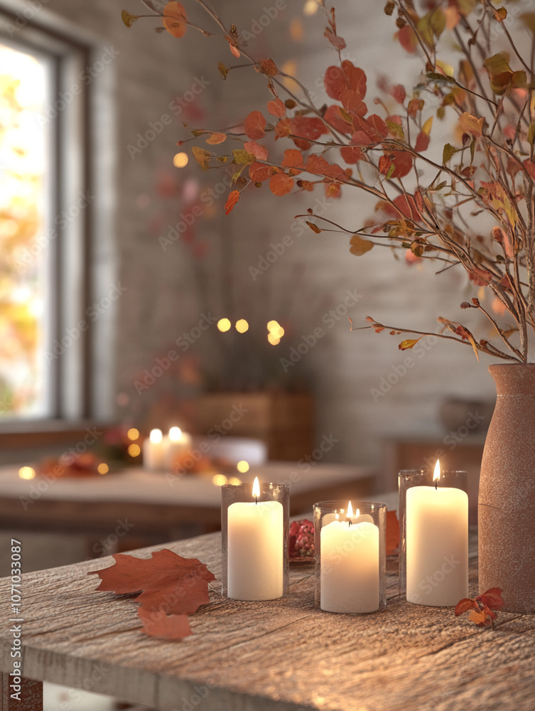 Poster three candles sit on a rustic wooden table with a single fall leaf beside them. a vase of autumn lea