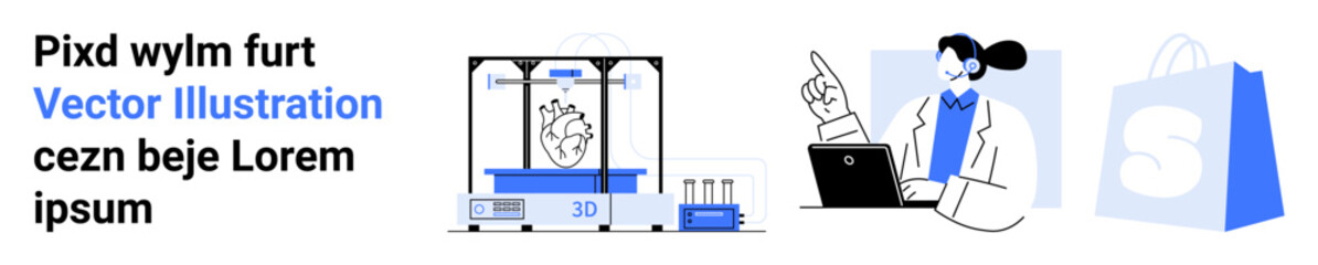 Depiction of a 3D printer creating a heart model scientist pointing at a laptop and, shopping bags Ideal for medical technology innovation scientific research online education e-commerce platforms