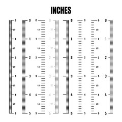 Vertical inch scale for measuring length or height. Various measurement scales with divisions. Ruler, tape measure marks, size indicators. Vector illustration
