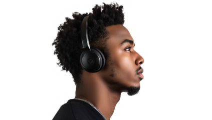 Young man with curly hair wearing a headset engaged in listening activity indoors