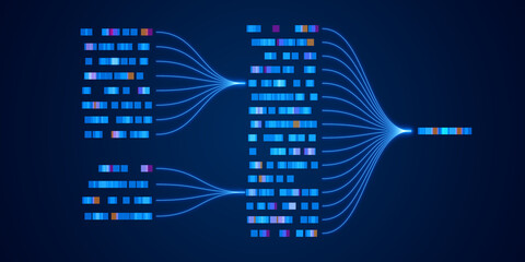 Data and AI concept with big data, neural networks, and machine learning flow. Futuristic illustration of analytics, stream processing, and technology for science and artificial intelligence projects.