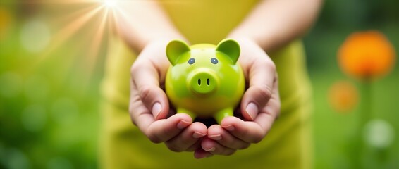 A hand holding a green piggy bank, symbolizing savings and financial growth, with a natural green background. The image suggests concepts of investment, economy, and money management.

