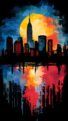 Vibrant Cityscape Skyline at Sunset with Reflection and Silhouette in New York