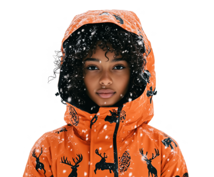 Young woman wearing an orange winter coat in a snowy outdoor setting