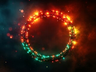 Neon-inspired holiday wreath crafted from luminous rings and glowing tubes, shining with bright LEDs in festive red and green, floating in dark space