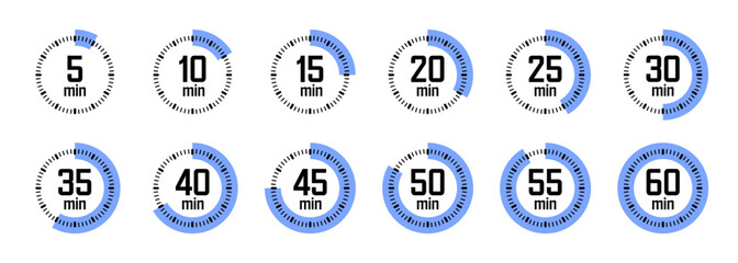 Simple stopwatch icons. Colorful chronometer, time counter with dial. Countdown timer showing hours and minutes. Deadline, measurement for sport. Cooking time label, sticker. Vector illustration