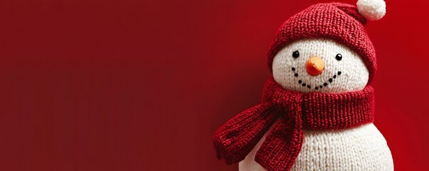 A knitted snowman wearing a red scarf and stocking cap on a red background