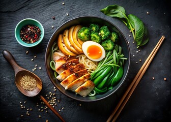 Low Light Photography of a Delicious Grilled Chicken Ramen Bowl with Soft Boiled Egg, Fresh Bok Choy, and Sesame Seeds for Food Enthusiasts and Culinary Aficionados