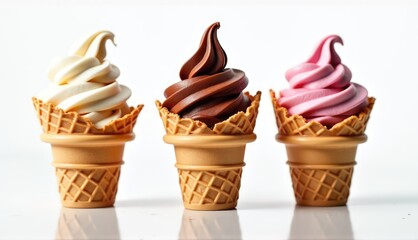 Delightful swirl ice cream cones in three tempting flavors artfully arranged on a clean, bright surface