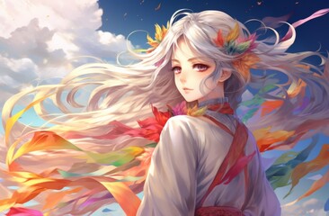 Anime-style digital illustration of a young woman with long silver hair and pink eyes, wearing white robes with colorful ribbons flowing like iridescent clouds