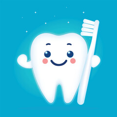 shiny cartoon tooth with brush vector illustration