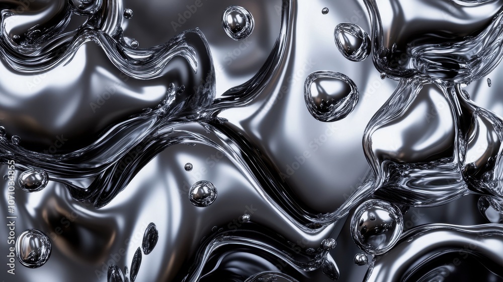 Poster close-up of shimmering liquid metal with bubbles, creating an abstract and dynamic texture.