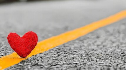 Fototapeta premium A red heart sits on the edge of the road with two yellow lines dividing it