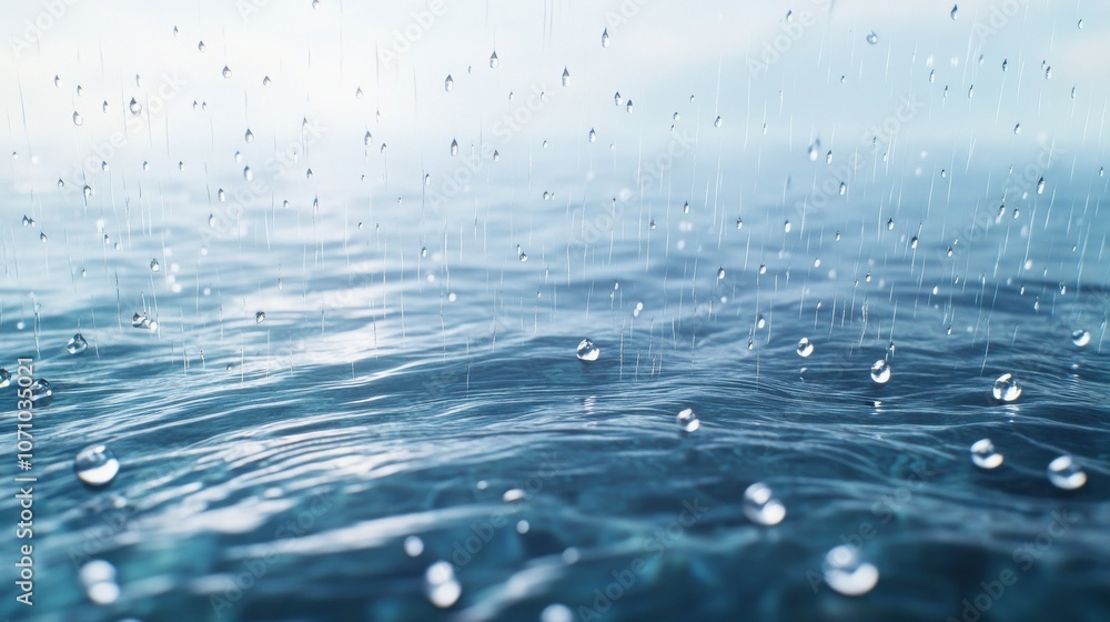 Poster close-up of raindrops falling on a serene water surface, creating ripples and reflections in a calmi