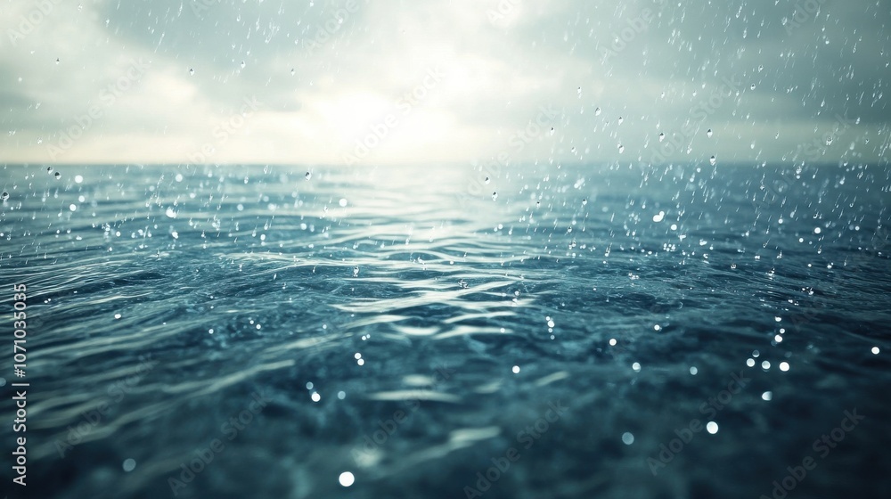 Poster a serene ocean view with raindrops falling, creating ripples on the water's surface under a cloudy s