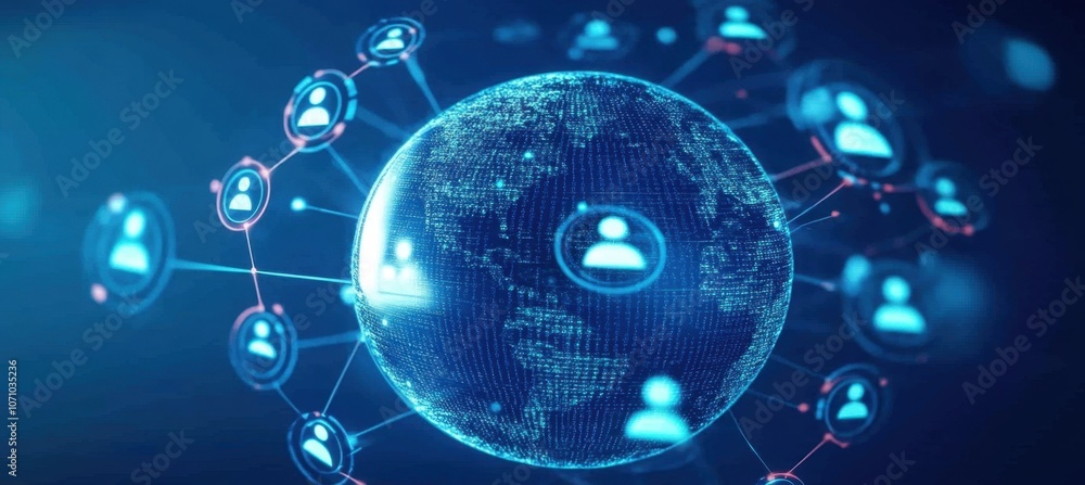 Poster a digital globe with icons of people and code, representing global network technology in the world w