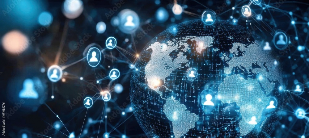 Poster a digital globe with icons of people connecting across the world, surrounded by code and data stream