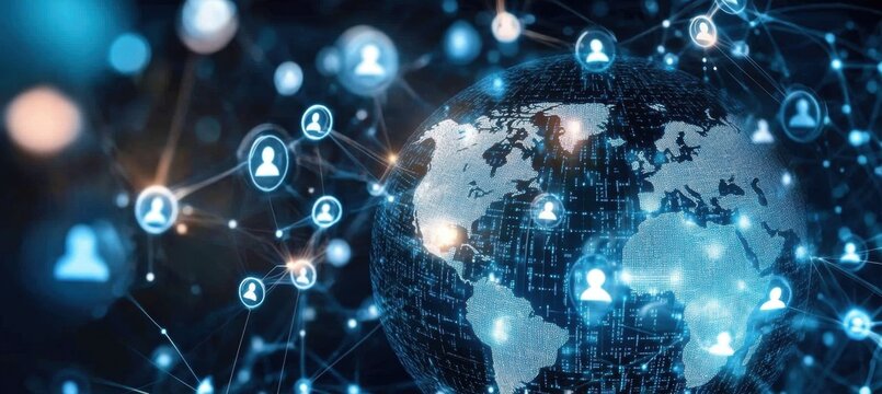 A digital globe with icons of people connecting across the world, surrounded by code and data streams in shades of blue Generative AI