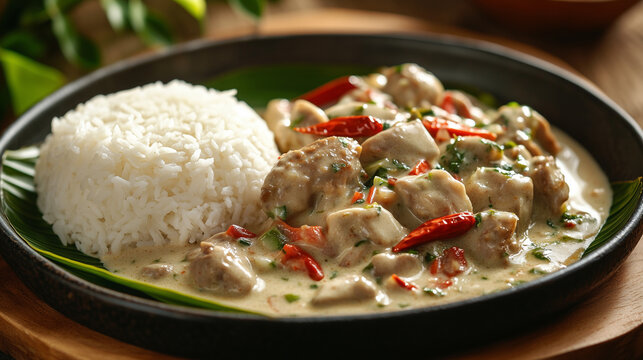 Bicol express with rice served on a banana leaf-lined plate