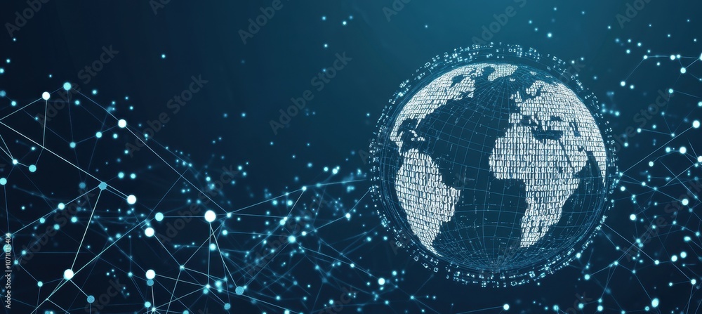 Poster a digital globe with icons of people, interconnected by lines representing global connectivity and d
