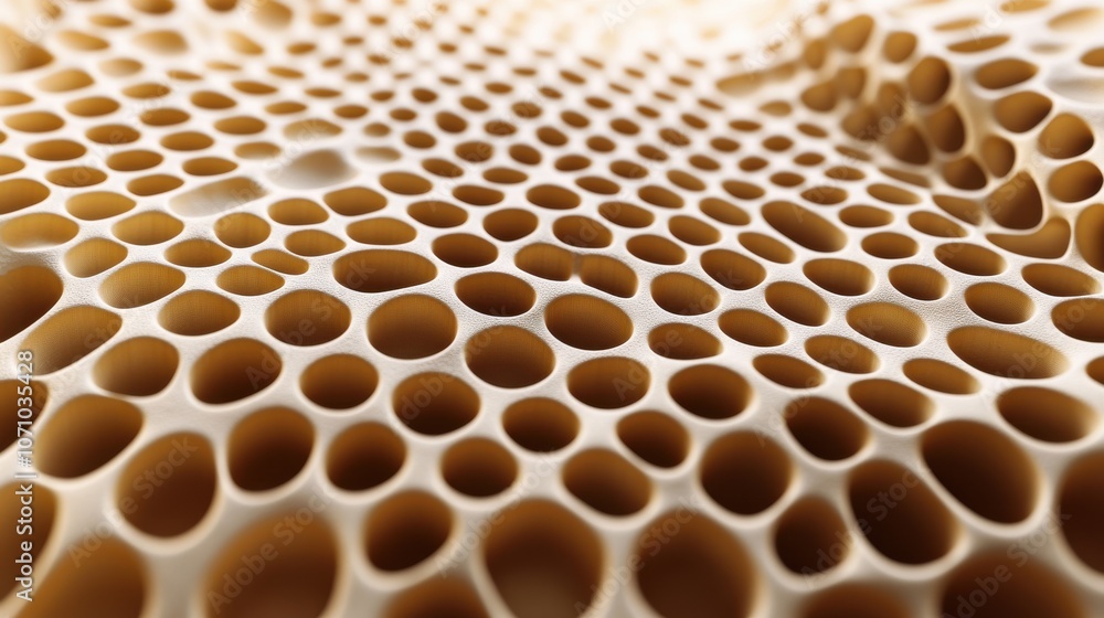Poster close-up of a textured honeycomb structure showcasing intricate geometric patterns in warm tones.