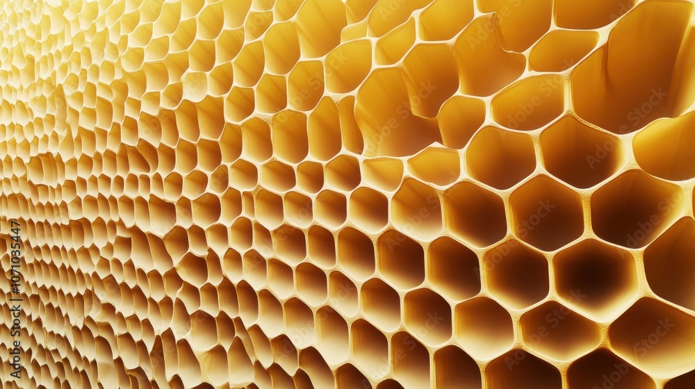 Poster close-up of a honeycomb structure showcasing its intricate hexagonal patterns and warm golden hues.