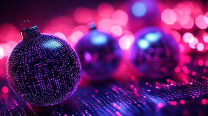Obraz premium Christmas baubles glowing with neon purple and pink hues, suspended in futuristic holographic light beams, surrounded by tech-inspired patterns, Neon, 3D art