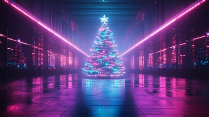 Futuristic Christmas tree with neon ornaments and holographic snowflakes under pulsating LED lights, cyberpunk style, neon glow, 3D illustration, high-tech festive setting