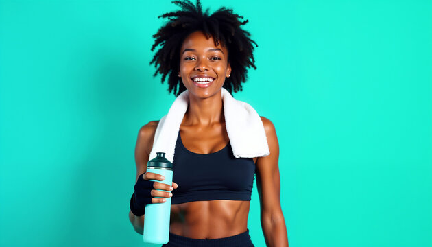A joyful woman in athletic gear with a towel around her neck and holding a water bottle. She stands against a vibrant turquoise background, conveying health and fitness enthusiasm.

