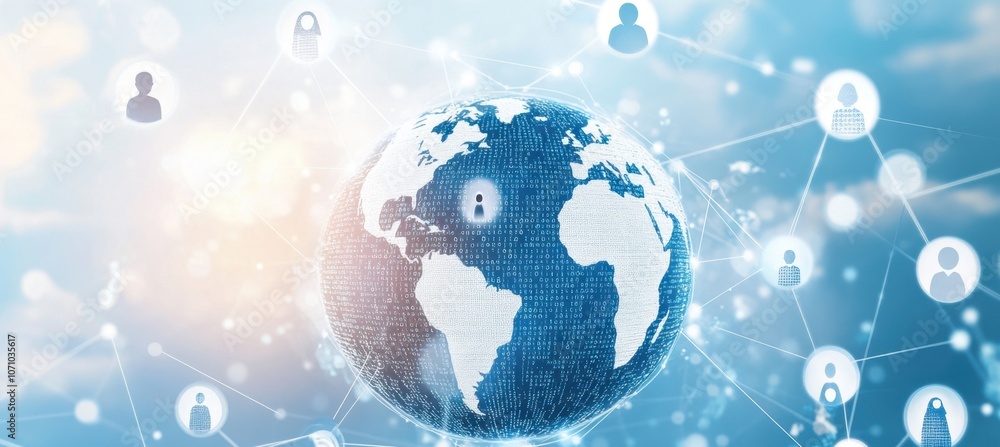 Poster digital globe with icons of people connected by lines, surrounded by digital code and data on a blue