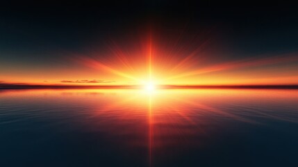 Naklejka premium A stunning sunrise illuminates the horizon over a calm ocean, casting warm orange and gold hues across the sky.