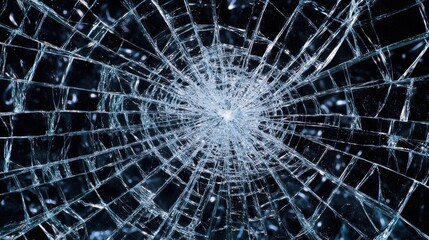 Fototapeta premium Close-up of a shattered glass surface displaying intricate, spiderweb-like patterns in shades of blue and black.