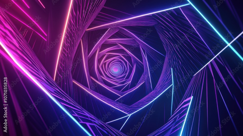 Poster a mesmerizing vortex of vibrant neon lights in a geometric pattern, creating a futuristic tunnel eff