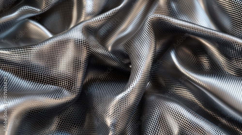 Poster close-up of shiny metallic fabric with a textured mesh pattern, showcasing intricate details and ref